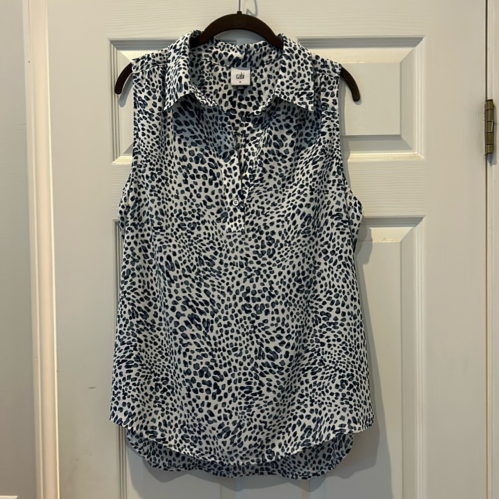 cabi blue patterned collared blouse